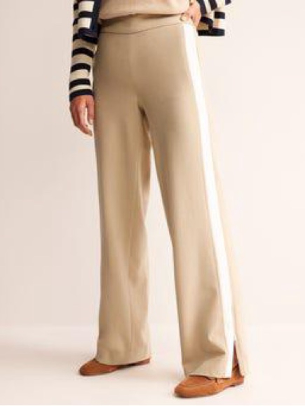 NWT Boden Pull On Side Stripe Trousers Ankle Zip Beige Size 14 Regular - Picture 1 of 14